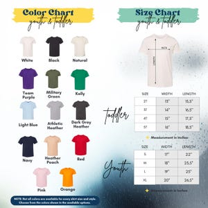 The image is a color chart and size chart for youth and toddler clothing, displaying various shirt colors and corresponding measurements for different age groups.