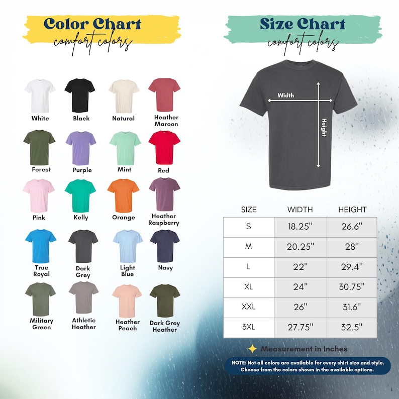 The image is a color chart and size chart for a t-shirt, displaying various color options and corresponding measurements for different shirt sizes.