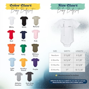 The image is a color chart and size chart for baby bodysuits, displaying various color options and corresponding measurements for different age groups.