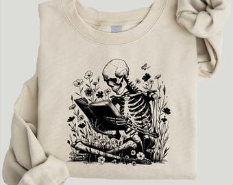 Surreal Skeleton Reading In Wildflower T-shirt, Reading Lover Tee, Gift for Bookworm, Bookish Skeleton Sweatshirt, Gift For Book Lovers