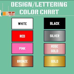 Puede incluir: Una carta de colores con el texto "DESIGN/LETTERING COLOR CHART" y el logotipo "Art Byte". La carta muestra muestras de color etiquetadas: Blanco, Rojo, Rosa, Bronce, Negro, Plata, Oro Rosa y Oro.