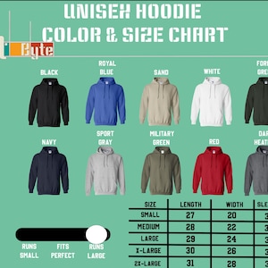 a chart of different colors and sizes of hoodies