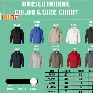 a chart of different colors and sizes of hoodies