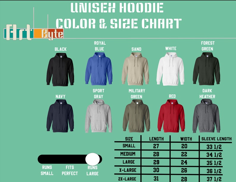 a chart of different colors and sizes of hoodies
