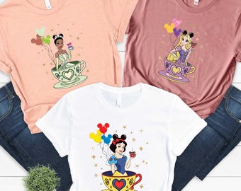 Disney Princess Tea Cup Shirt, Disney Sweatshirt, Ariel Tee, Cinderella Top, Elsa T-Shirt, Girl Gift Shirt, Disneyland Family Princess Shirt