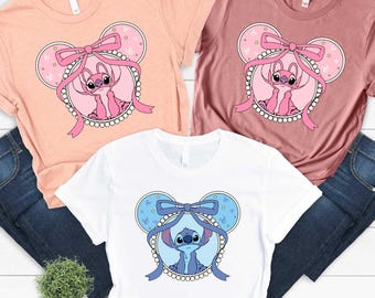 Mickey Ear Stitch and Minnie Bow Angel Couple Shirt, Disney Stitch Tee, Minnie Bow Girl Sweatshirt, Disney Castle Matching Stitch T-Shirt,