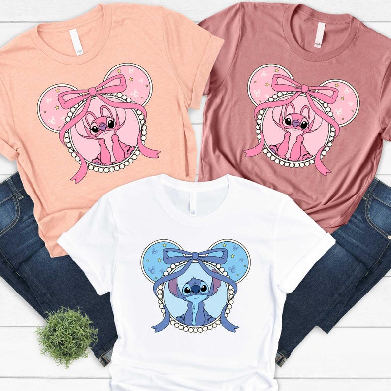 Mickey Ear Stitch and Minnie Bow Angel Couple Shirt, Disney Stitch Tee, Minnie Bow Girl Sweatshirt, Disney Castle Matching Stitch T-Shirt, afbeelding 1