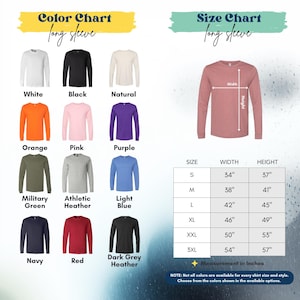 The image is a color chart and size chart for long sleeves, displaying various long sleeve shirts in different colors and sizes.