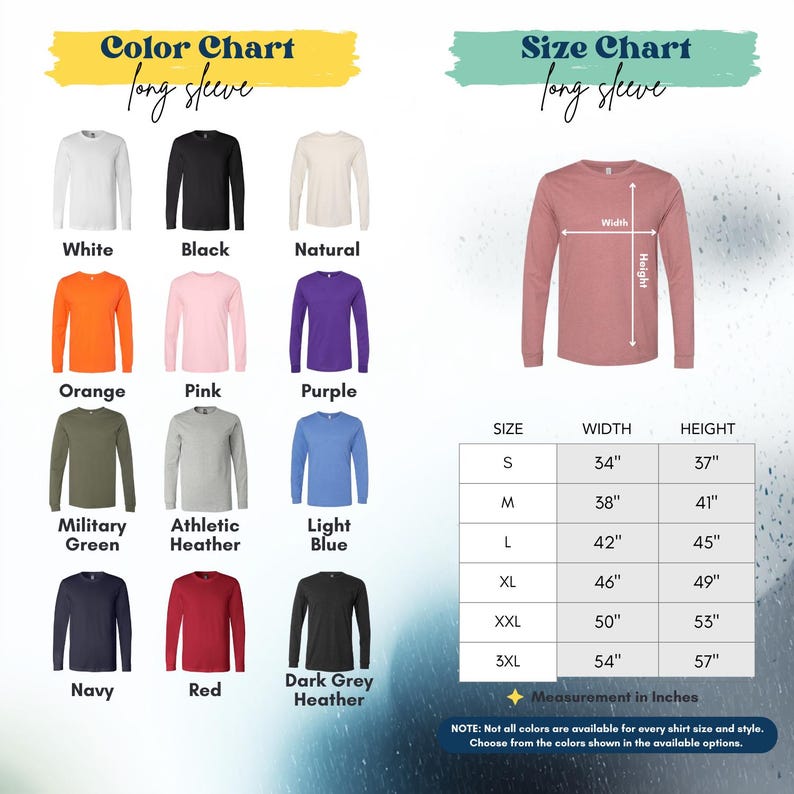 The image is a color chart and size chart for long sleeves, displaying various long sleeve shirts in different colors and sizes.
