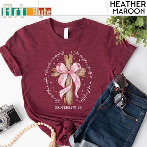 Proverbs She is Clothed with Strength Shirt, Coquette Sweatshirt, Christian Sweatshirt, Light Pink, Bible Verse, Christian Tee, Jesus Cross