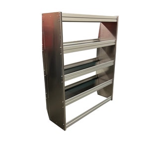 May include: A silver metal shelving unit with four horizontal shelves and a vertical back panel. The shelves are supported by a frame, and the unit is designed for storage. The unit is made of metal and has a clean, industrial look.