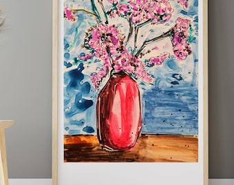 Cherry Blossom Watercolor Print: Red Vase Sakura Art, 5x7 Floral Still Life
