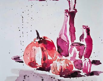 Pumpkin Still Life Watercolor Print | Minimalist Fall Art, 5x7