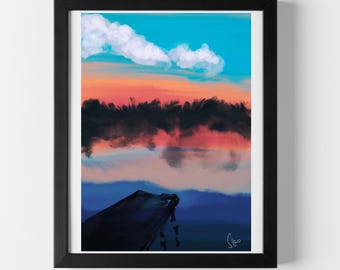 Sunset Reflection Art Print | Watercolor Style, German Etched Paper (5x7)