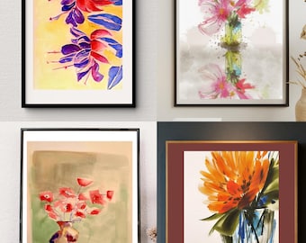 Watercolor Floral Print Set of 4 – Botanical Wall Art Bundle, Digital Download, Floral Home Decor, 5x7 8x10 11x14, Printable Wall Art Gift