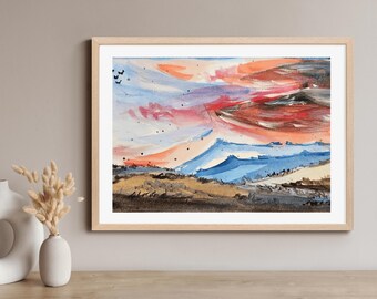 Watercolor Mountain Landscape Art Print: Vibrant Sky, 5x7 Home Decor