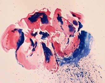 Abstract Floral Watercolor Print | Pink and Blue Water color handmade flower painting,  5x7 inch Fine Art