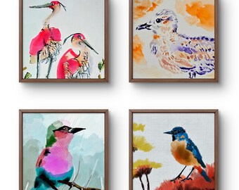 Watercolor Bird Print Set of 4 – Bird Wall Art Bundle, Digital Download, Nature Home Decor, Printable Bird Art, 5x7 8x10 11x14