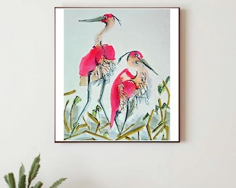 Pink Crane Art Print: Elegant Japanese Bird Painting, 8x10