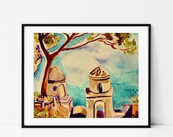 Mediterranean Coastal Village Watercolor Print: Sea View Architecture Art, 8x10