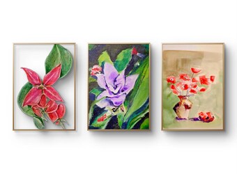 Set of 3 Handmade Watercolor & Colored Pencil Floral Paintings | Red Flowers, Purple Iris, Botanical Art | Home Decor Wall Art