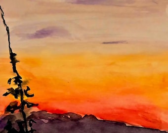 Scenic Sunset Watercolor Painting | 5x7" German Etched Paper Art