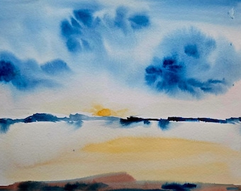 Watercolor Sunset Landscape Print | German Etched Paper, Minimalist Sky Art