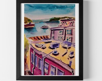 Coastal Cityscape Watercolor Art Print | German Etched Paper