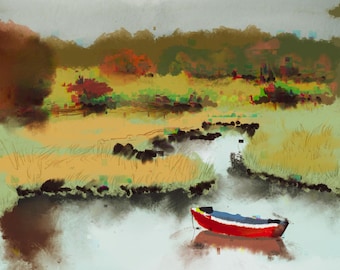 Red Boat Landscape Art Print, Abstract Gouache Acrylic Painting