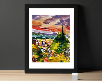 Tuscan Sunset Painting Print, Italian Landscape, German Etched Paper