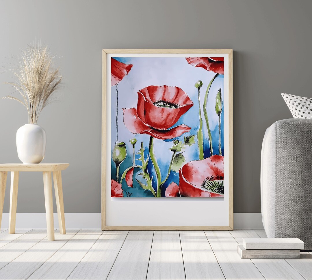 Poppy Art Print, Modern Floral Wall Art, Blue and Red Watercolor ...