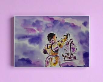 Lantern & Purple Sky Watercolor Gouache Painting Print | 5x7 German Etched Paper