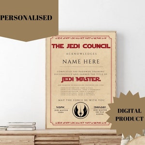 Druckbare Jedi Meister Urkunde, Star Wars Geschenk, Star Wars individuelles Geschenk, Star Wars personalisiertes Geschenk, Digitales Produkt, personalisiert, individuell