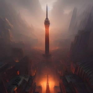 May include: A tall, dark, and imposing tower rises from a desolate, fiery landscape. The tower is made of stone and has a pointed spire. The landscape is covered in a layer of ash and smoke. The sky is a hazy orange.