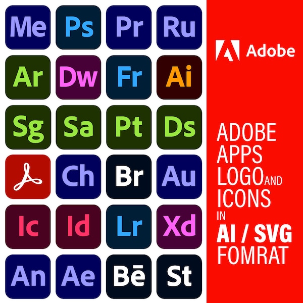 Adobe Apps Icons // SVG Format // AI Format // Organized True Vector Format // Icon Collection // Adobe Creative Cloud // Creative Suite