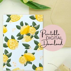 Fresh Lemon Greeting Card Printable Digital Download Digitally Hand-Drawn Lemon Card Flowers