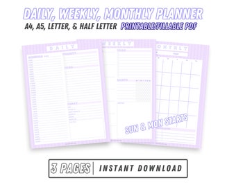 かわいい印刷可能なプランナーセット、デイリープランナー、ウィークリープランナー、マンスリーカレンダーが含まれています | 2023 印刷可能なプランナー、パープル & ピンク