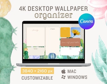 デスクトップ壁紙オーガナイザー 2023 2024 デスクトップオーガナイザー ムードボードデスクトップ 4K デスクトップ壁紙 サボテン水彩画 デスクトップ壁紙 砂漠