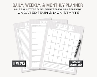 デジタルプランナー、デイリープランナー印刷物、印刷可能なプランナーセット、マンスリープランナー、生産性プランナー、パーソナルプランナー、A4/A5/レター