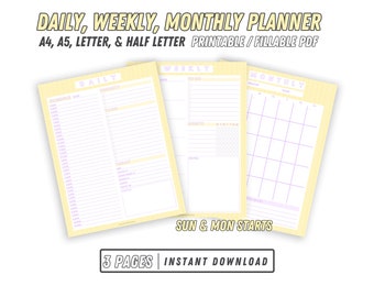 かわいい印刷可能なプランナーセット: デイリープランナー、ウィークリープランナー、マンスリーカレンダー | 日付なしの印刷可能なプランナーバンドル、イエロー + ピンク