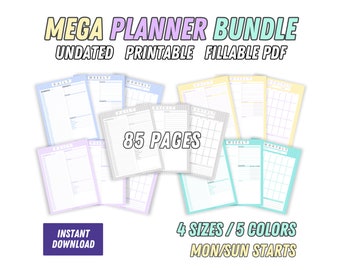 メガ印刷可能プランナーバンドル! 5 色、月曜/日曜開始、4 サイズ: A4、A5、レター & ハーフレター、記入可能な PDF