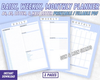 印刷可能な日次プランナー、週間プランナーと月間プランナー、印刷可能なプランナーバンドル、プランナーセット、A4/A5/レター/ハーフ、PDF日付なしプランナー