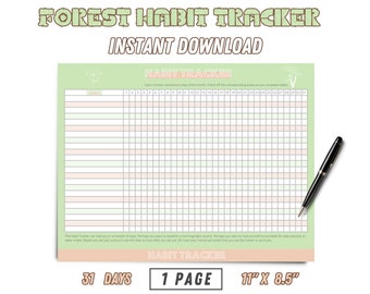 印刷可能な習慣トラッカー、風景月間習慣トラッカー、かわいいパステルグリーンの自然の森のテーマ