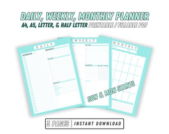 かわいい印刷可能なプランナーセット: デイリープランナー、ウィークリープランナー、マンスリーカレンダー | 日付なしの印刷可能なプランナーバンドル、ティールシーフォームカラー
