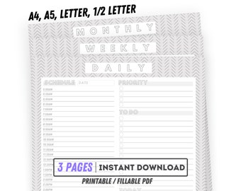 印刷可能な日次プランナー、週間プランナー、月間プランナー、印刷可能なプランナーバンドル、プランナーセット、A4/A5/レター/ハーフサイズ、PDF日付なしプランナー
