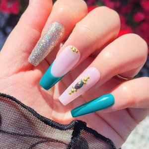 Elegant Gem Emerald Green French tips presson nails, Custom press on nails