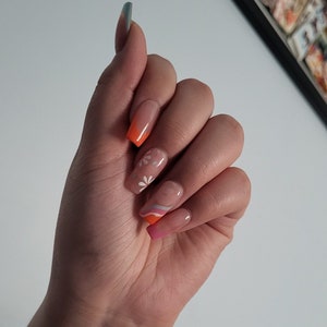 Spring Summer Lively Orange Blue Spring French Nails, Presson nails Full set, Press on nails