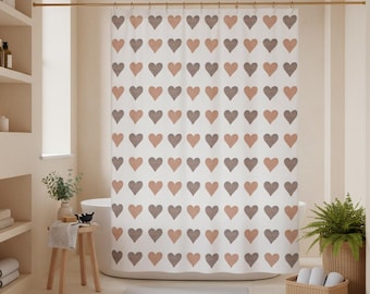 Boho Heart Pattern Shower Curtain | Pink Grey Pastel Romantic Design