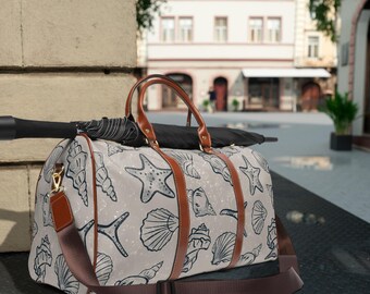 Seashell Travel Duffel Bag: Waterproof Nylon, Coastal Design (20" × 12" × 9")