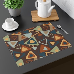 Geometric Placemat, Mid Century Modern Brown Bas Colorful Pattern, Dining Table Decor, Kitchen Table Mat, Abstract Triangle Design, Table